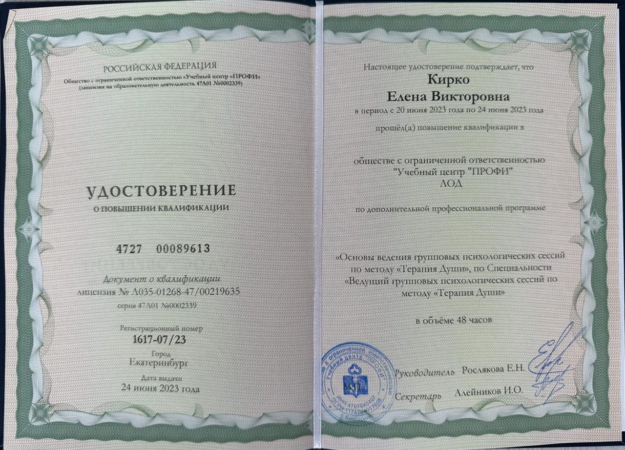 Повышение квалификации «Основы ведения групповых сессий по методу «Терапия Души»» — учебный центр «Профи», 2023